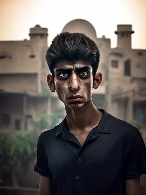 Prompt: A realistic photograph of an ugly pakistani 20-year-old boy, with a serious expression, with very short hair, tanned skin, scary face, deep eyes, wearing a black sci-fi polymer shirt, strong body