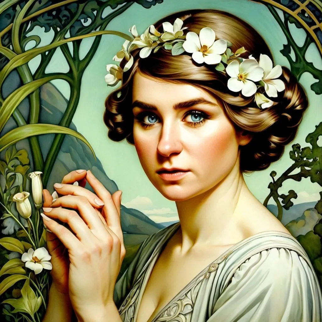 Prompt: Art nouveau, Jugendstil, floral, wrists, pattels, landscape, jung woman, mysterious