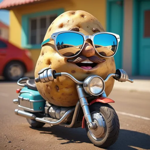 Prompt: an potato with cool sunglasses sitting on a motorcycle