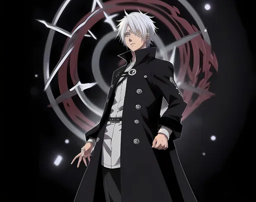 Prompt: a anime character standing with confidence, white hair, handsome look