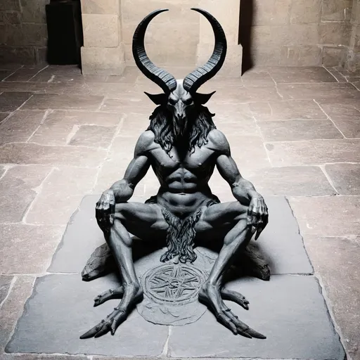 Prompt: baphomet sat  on a stone floor