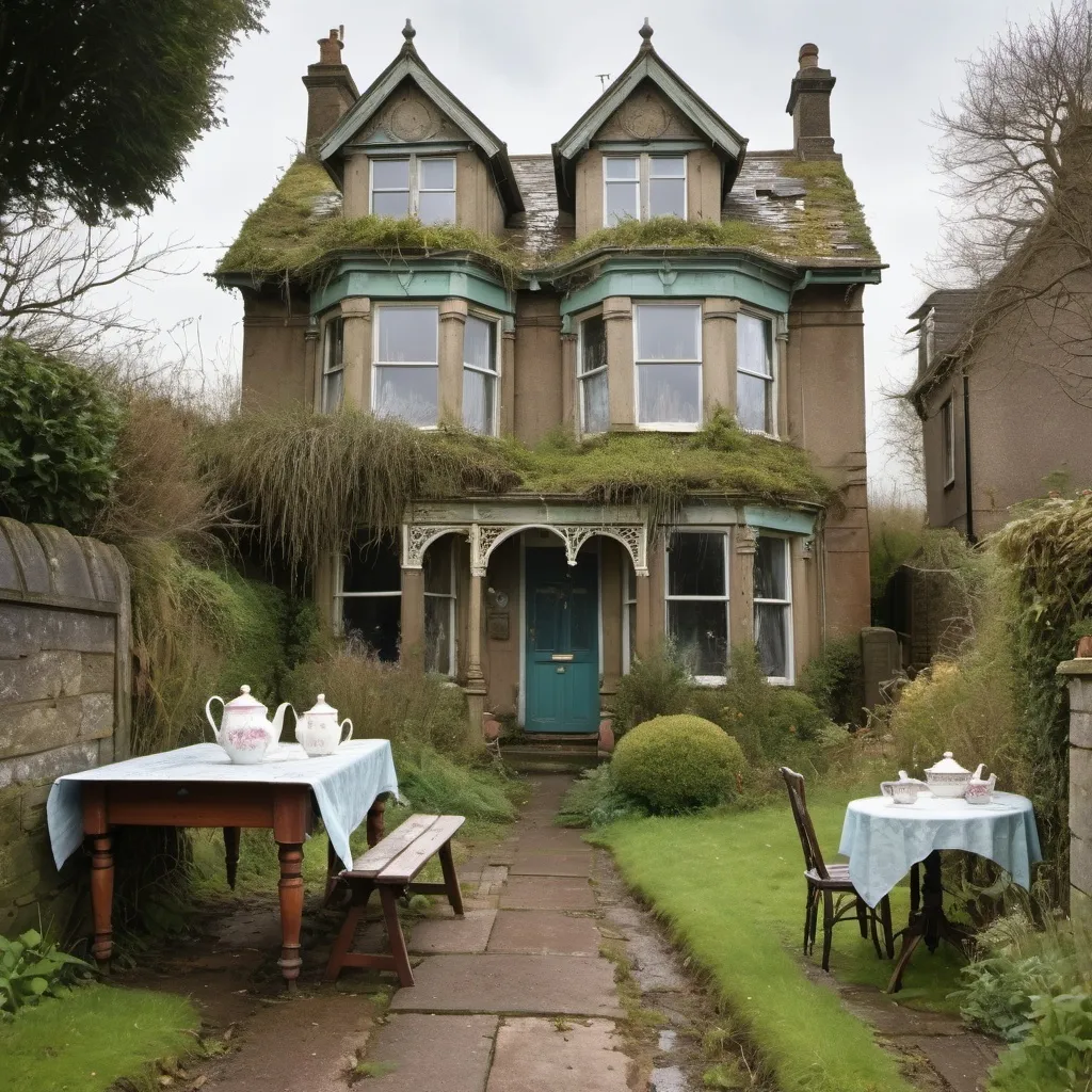 Prompt: a three storyey victorian house, weathered, disheveled, in need of repair, from the front door leads a windey cobbed path, to the side of the path there is a table covered in mildew, on top of the table there is a tea pot, two cups and a birthday cake