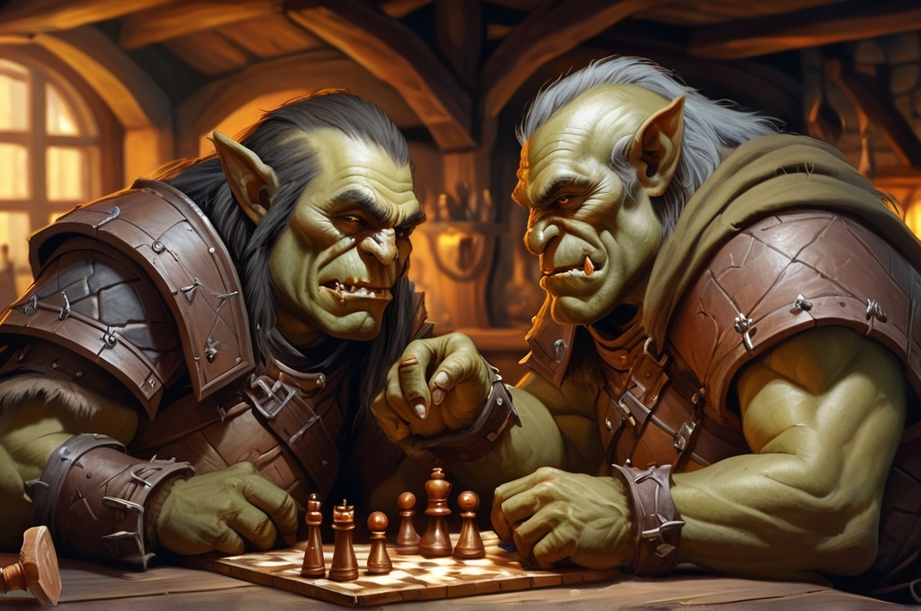 Prompt: Two orcs playing chess in a tavern, fantasy character art, illustration, DnD, warm tone, oil on canvas, masterpiece, ultra detailed, 4k resolution