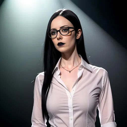 Prompt: <mymodel> Brown eyes,(shiny long straight black hair ), dressed in a form-fitting (unbuttoned, open, formal white shirt), and (thin black rimmed glasses). Dynamic overhead stage lighting, vibrant atmosphere, captivating energy, (photorealistic), high-resolution, ultra-detailed, professional photography, (stunning visuals), 4K