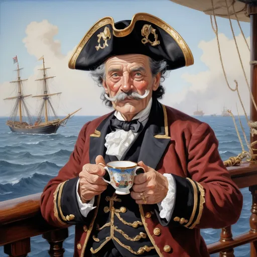 Prompt: oil painting on canvas, an elderly man wearing posh pirate cloths, has monocle on left eyes, handlebar moustache, black hair, holding a sipping a cup of tea from a bone china cup, Standing on the deck of a ship, David Budd, cloisonnism, david lazar, a character portrait