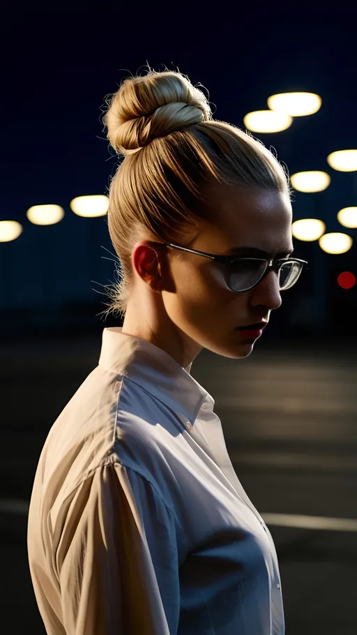 Prompt: A thirty-five-year-old woman with blonde hair tied in a bun, thin rimmed spectacles, white blouse, detailed clothing, realistic, strong shadows, nighttime, industrial background