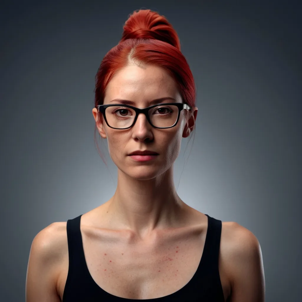 Prompt: Photo, head, shoulder, woman in her early thirties with a long red ponytail hairstyle, greasy skin, acne, wearing thin spectacles, strong spot-lighting, high contrast, neutral backdrop, high detail, 4k