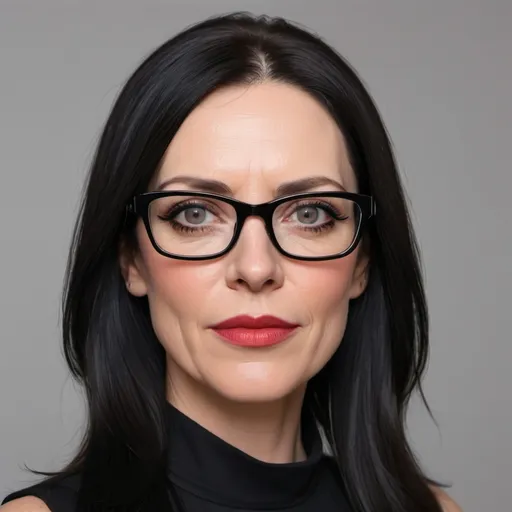 Prompt: A 43-year-old woman with straight long shiny black hair, and a black dress, with a red eye shadow, and a brown eyeliner,
wears designer glasses,
 Arabella Rankin, private press, pale skin, a photo, photorealistic, 4K, photorealistic, 4K