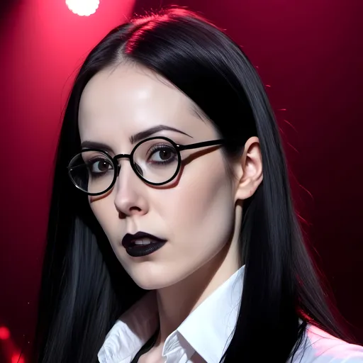 Prompt: <mymodel> Brown eyes,(shiny long straight black hair ), dressed in a form-fitting (unbuttoned, open, formal white shirt), and (thin black rimmed glasses). Dynamic overhead stage lighting, vibrant atmosphere, captivating energy, (photorealistic), high-resolution, ultra-detailed, professional photography, (stunning visuals), 4K