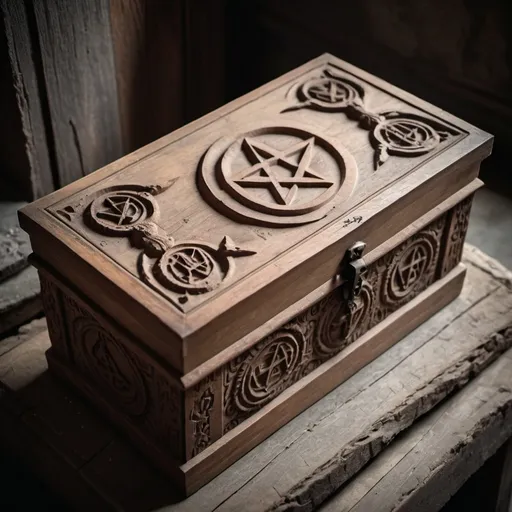 Prompt: A rustic wooden box with carvings of satanic symbols, resting on an old mortician's slab