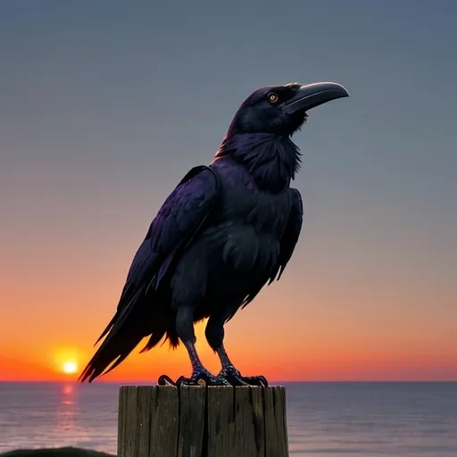 Prompt: a raven stood in the mouth of a looking to the horizon at the sunset