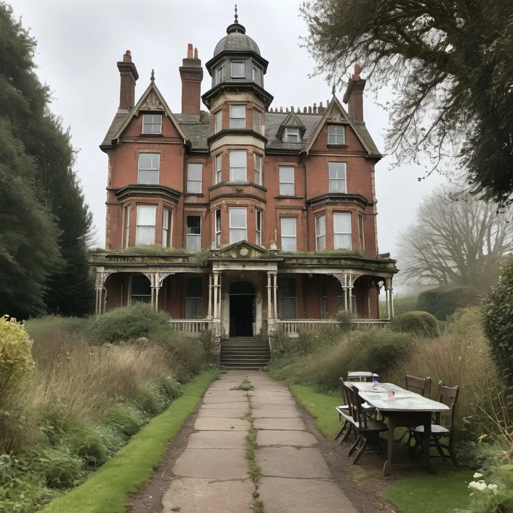 Prompt: a large five storey victorian mansion, weathered, disheveled, in need of repair, from the front door leads a windey cobbed path, to the side of the path there is a table covered in mildew, on top of the table there is a tea pot, two cups and a birthday cake