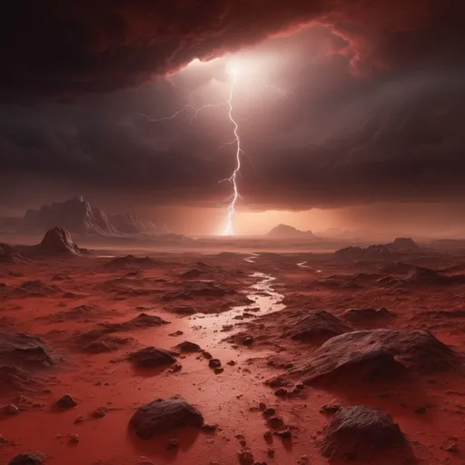 Prompt: photorealistic martian landscape, red, colour scheme, very cloudy, stormy, haunting atmosphere, lightning, sun rising in horizon