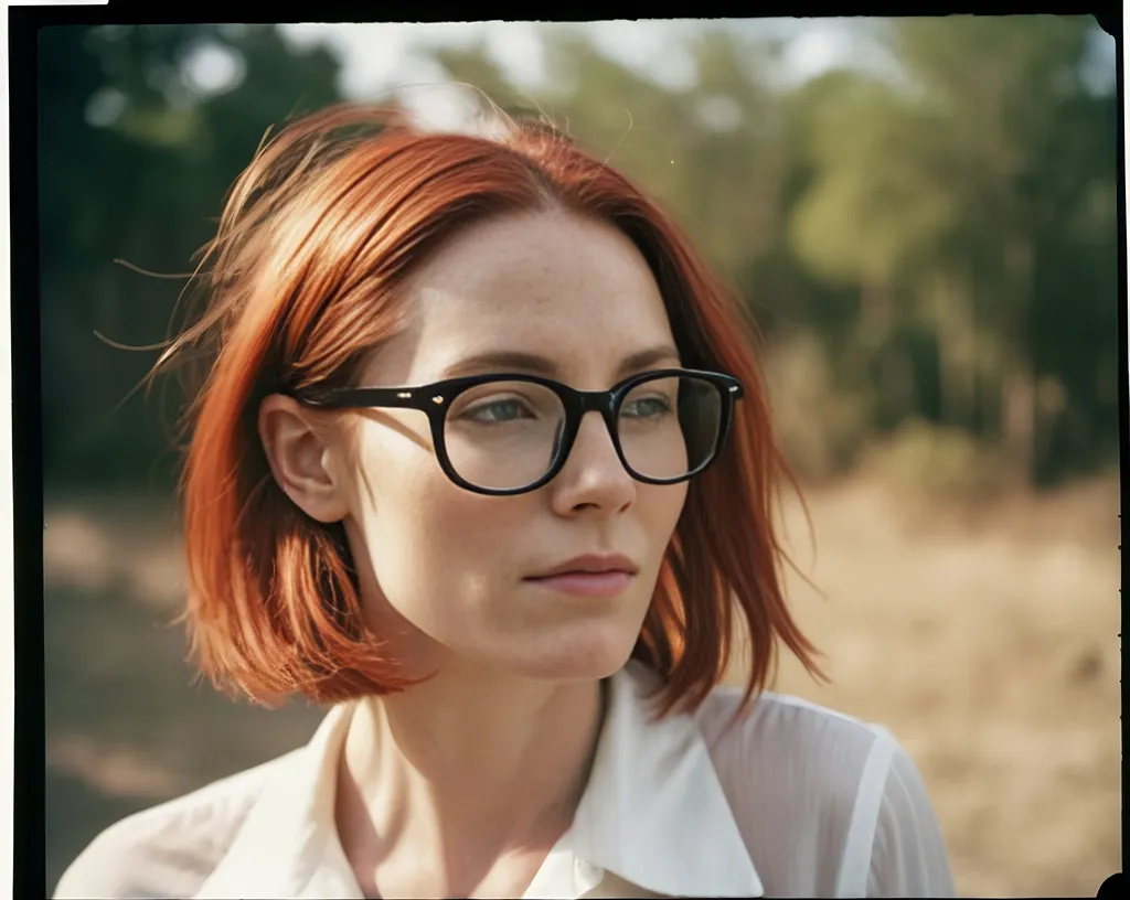 Prompt: Polaroid photo of a clay woman in her early thirties with a long red bob hairstyle, greasy skin, acne, wearing thin black rimmed spectacles, and white blouse, sunlight, side view, outdoors, taken on a telephoto lens