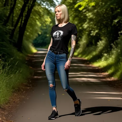 Prompt: <mymodel>walking on a country lane on a bright sunny day, wearing white t-shirt, blue jeans, black training shoes, bright atmosphere, captivating energy, (photorealistic), high-resolution, ultra-detailed, professional photography, (stunning visuals), 4K