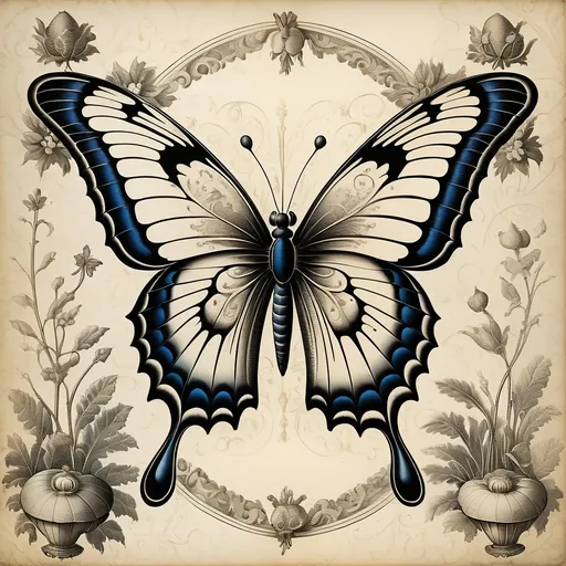 Prompt: Detailed 17th century etch of a butterfly, hatched