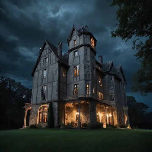 Prompt: a fifteenth century six story stone mansion in a country setting. nighttime, stormy, gothic