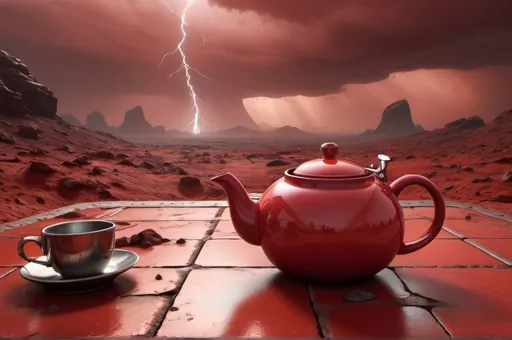 Prompt: photorealistic martian landscape, red, colour scheme, very cloudy, stormy, haunting atmosphere, lightning, sun rising in horizon,steampunk teapot on floor.