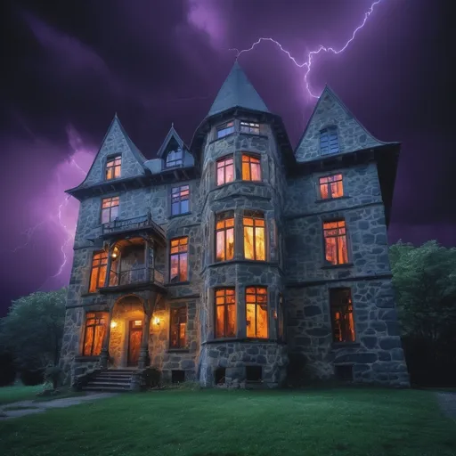 Prompt: a fifteenth century six story stone mansion in a country setting. nighttime, stormy, abstract, psychadelic