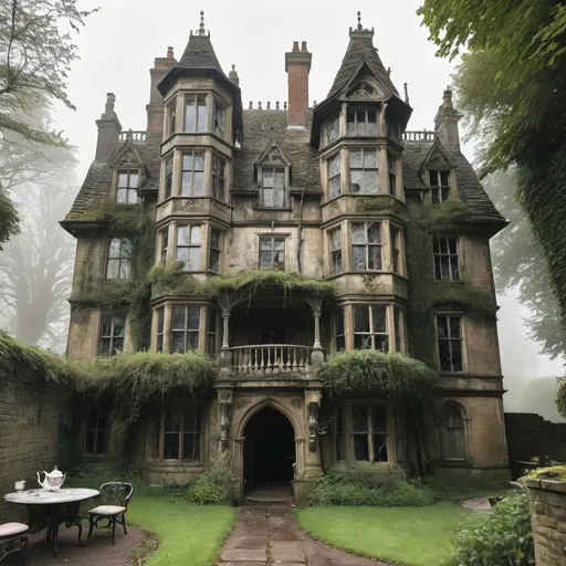 Prompt: a large five storey haunted gothic mansion, weathered, disheveled, in need of repair, from the front door leads a windey cobbled path, to the side of the path there is a table covered in mildew, on top of the table there is a tea pot, two cups and a birthday cake