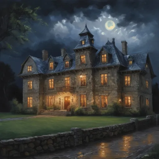 Prompt: a fifteenth century six story stone mansion in a country setting. nighttime, stormy, impressionist