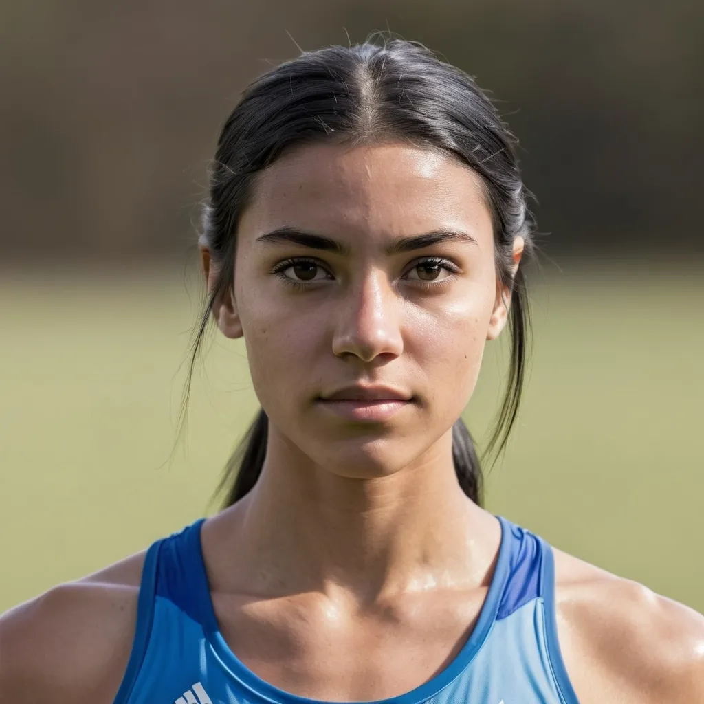 Prompt: Young black haired female athlete head and shoulders, front lit