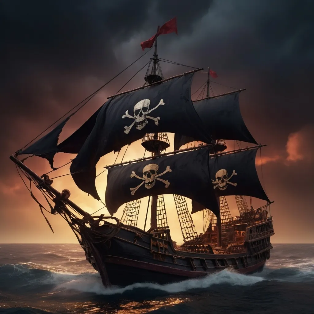 Prompt: Photorealistic pirate ship,  large black torn sails,  a skull and crossbones flag, unvarnished hull, canones, sailing quickly, windy, nighttime, red color scheme, hard golden spotlight, natural and authentic, highly detailed features, haunting atmosphere, stormy background with blurred elements, 4K, ultra-detailed, high quality, cinematic masterpiece, subtle depth of field.