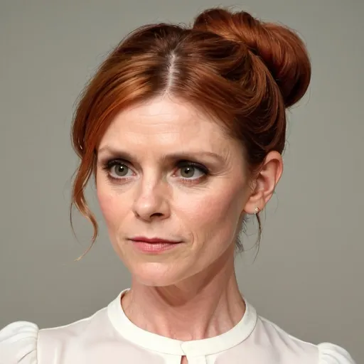 Prompt: Emilia fox with red hair in a tight bun, wearing a white blouse.