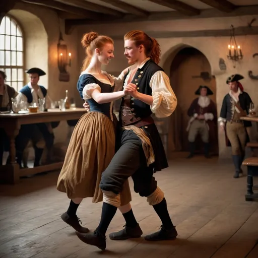 Prompt: full body, 18-year-old woman with athletic build, ginger hair worn in a tight bun, wearing seventeenth century clothing,  dancing with a male pirate in his twenties in a eighteenth century tavern, Visible strokes, rough edges, muted colours. Warm lighting neutral backdrop