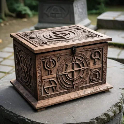 Prompt: A rustic wooden box with carvings of occult symbols, resting on an old stone plinth.