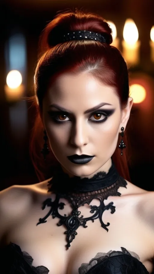 Prompt: telephoto
(Barmaid) Shine Paradeem, (female, 28 years old) with a sociopathic brown eyes, (shiny auburn) hair styled in a long ponytail, 
facial scars, 
visible veins
dressed in a form-fitting (black lace gothic style dress), 

displaying a (gothic makeup) aesthetic, immersed in (volcanic lighting), creating a dynamic and vibrant atmosphere. Emphasizing a (dramatic) ambiance with deep shadows and  contrasting highlights, designed to unnerve the audience, high quality, ultra-detailed, visually disturbing
