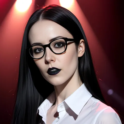 Prompt: <mymodel>Brown eyes,(shiny long straight black hair ), dressed in a form-fitting (unbuttoned, open, formal white shirt), and (thin black rimmed glasses). Dynamic overhead stage lighting, vibrant atmosphere, captivating energy, (photorealistic), high-resolution, ultra-detailed, professional photography, (stunning visuals), 4K