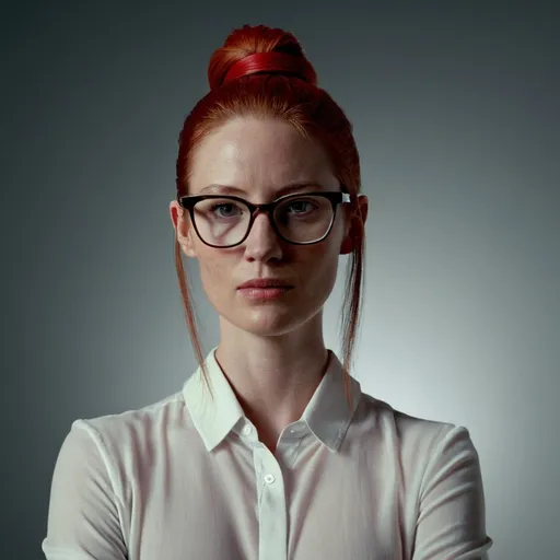 Prompt: Photo, head, shoulder, woman in her early thirties with a long red ponytail hairstyle, greasy skin, acne, wearing thin spectacles and a white blouse, strong spot-lighting, high contrast, neutral backdrop, high detail, 4k