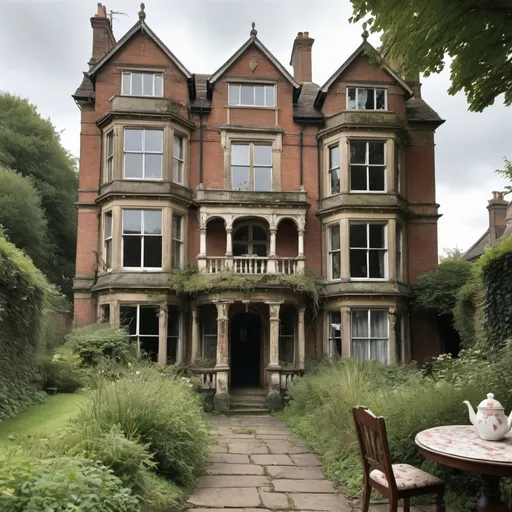 Prompt: a large five storey edwardian mansion, weathered, disheveled, in need of repair, from the front door leads a windey cobbled path, to the side of the path there is a table covered in mildew, on top of the table there is a tea pot, two cups and a birthday cake