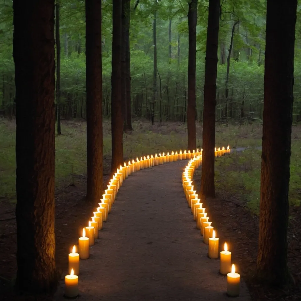 Prompt: a ring of lit candle on tall sconces on a path in a forest.