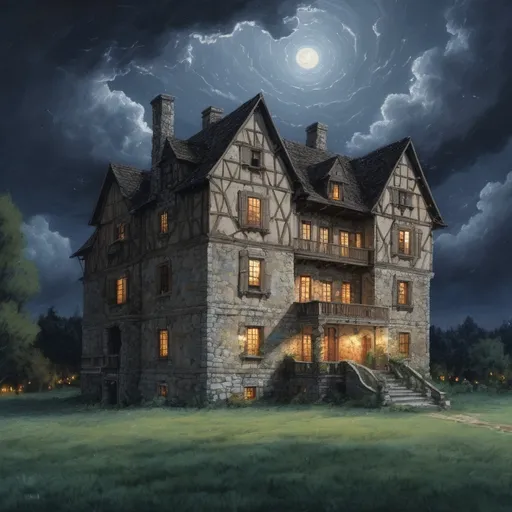 Prompt: a fifteenth century six story stone mansion in a country setting. nighttime, stormy, pointilist