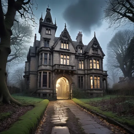 Prompt: a large five storey haunted gothic mansion, weathered, disheveled, in need of repair, from the front door leads a windey cobbled path, to the side of the path there is a neon sighn saying "happy birthday Squidge"