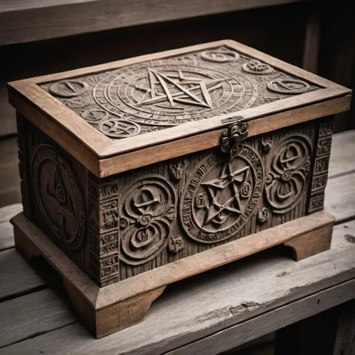 Prompt: A rustic wooden box with carvings of occult symbols, resting on an old plinth.