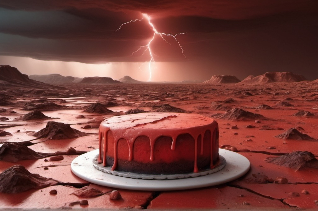 Prompt: photorealistic martian landscape, red, colour scheme, very cloudy, stormy, haunting atmosphere, lightning, sun rising in horizon, birthday cake on floor.