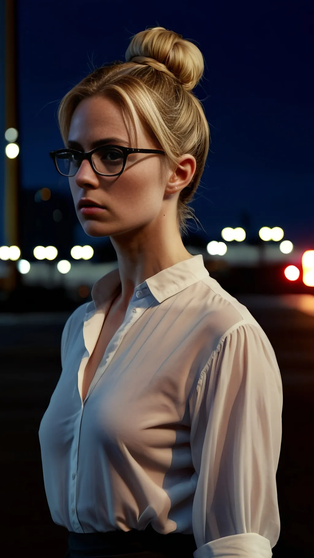 Prompt: A thirty-five-year-old woman with blonde hair tied in a bun, thin rimmed spectacles, white blouse, detailed clothing, realistic, strong shadows, nighttime, industrial background