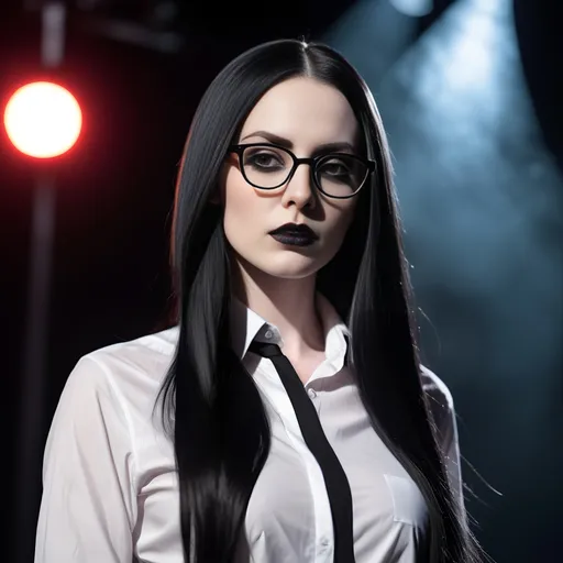 Prompt: A slim 28-year-old woman with long straight shiny black hair, pale skin, with black eyeliner, wearing gothic makeup, dressed in a form-fitting (unbuttoned, open, formal white shirt), and thin black rimmed glasses,
Dynamic overhead stage lighting, vibrant atmosphere, captivating energy, (photorealistic), high-resolution, ultra-detailed, professional photography, (stunning visuals), 4K