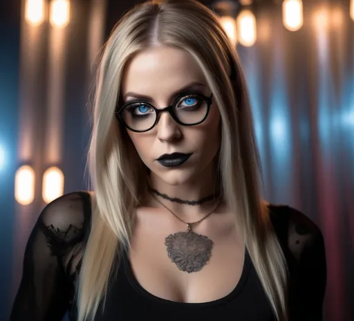 Prompt: 41-year-old athletically toned female with piercing pale blue eyes (shiny long straight dark blonde hair) styled in a thin  bob, dressed in a form-fitting (gothic black low cut lace tank top, and thin black rimmed glasses), displaying a (gothic makeup) aesthetic. Immersed in (nightclub lighting), creating a dynamic and vibrant atmosphere. Strong contrasting shadows emphasizing a (dramatic) ambiance with deep shadows and subtle highlights, designed to unnerve the audience, high quality, ultra-detailed, visually disturbing

