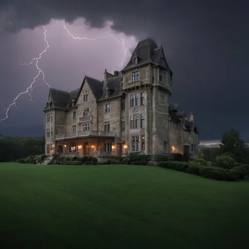 Prompt: a fifteenth century six story stone mansion in a country setting. nighttime, stormy.