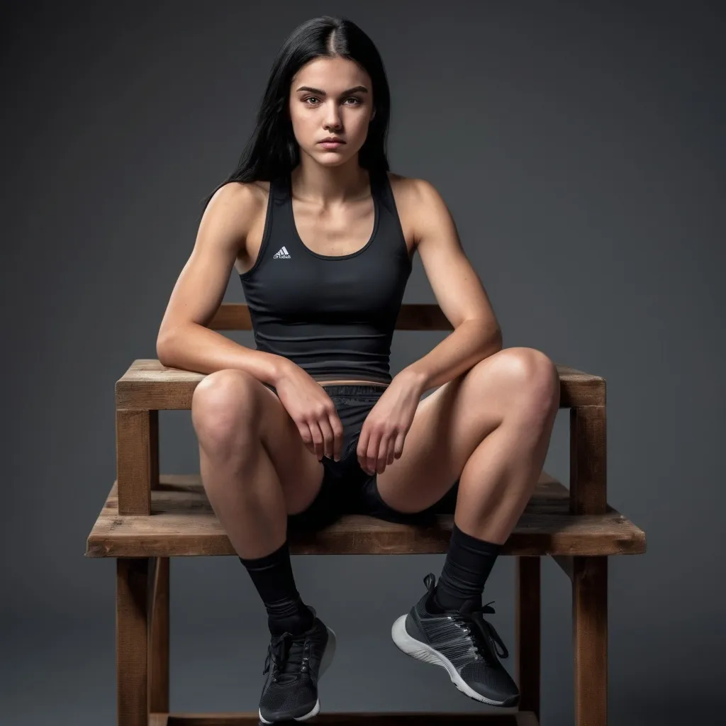 Prompt: Tall young black haired female athlete sitting on a heavy wooden frame chair, detailed clothing, realistic, front-lighting