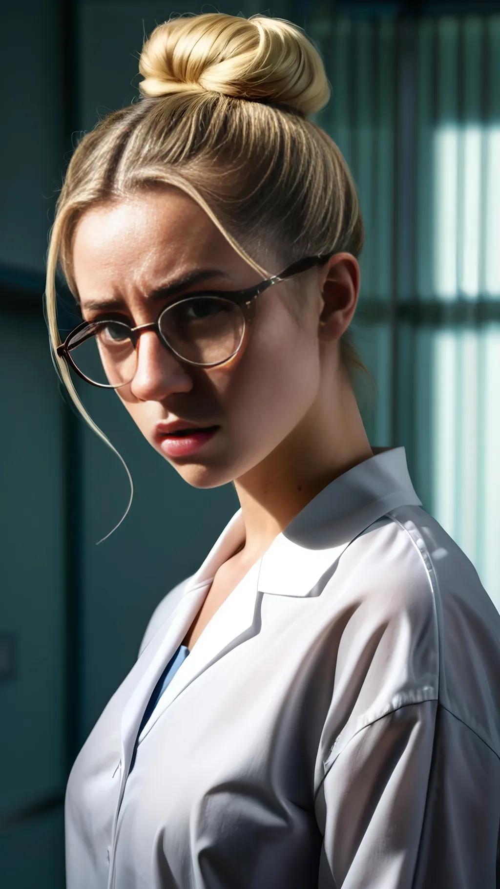 Prompt: A young woman with blonde hair tied in a bun, thin rimmed spectacles, white blouse, detailed clothing, realistic, strong shadows, hospital background