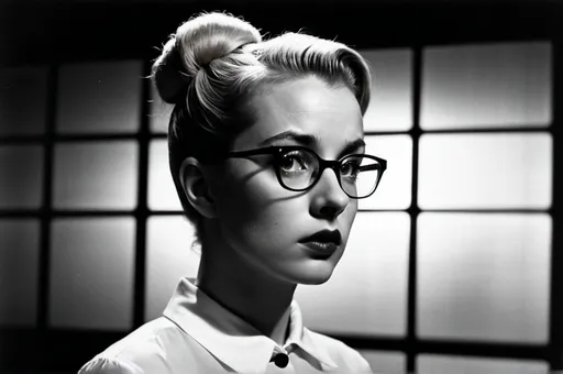 Prompt: Dim, night film noir photography, A young woman with blonde hair tied in a bun, thin rimmed spectacles, white blouse, 1950s, office background, heavy shadows