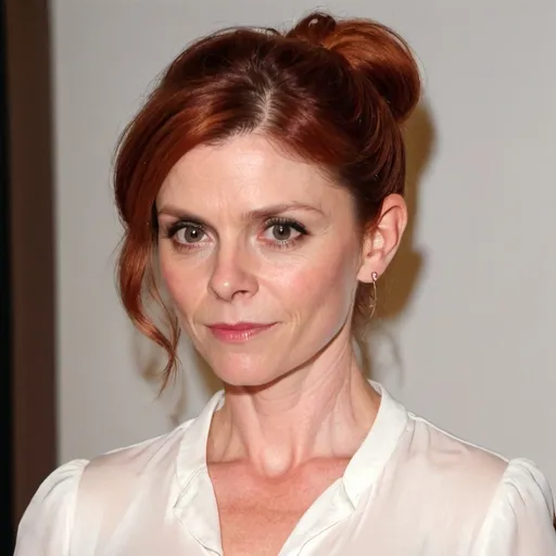 Prompt: Emilia fox in her mid thirties, with red hair in a tight bun, wearing a white blouse.