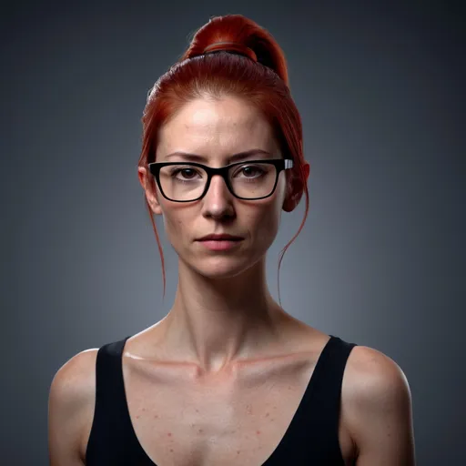 Prompt: Photo, head, shoulder, woman in her early thirties with a long red ponytail hairstyle, greasy skin, acne, wearing thin spectacles, strong spot-lighting, high contrast, neutral backdrop, high detail, 4k