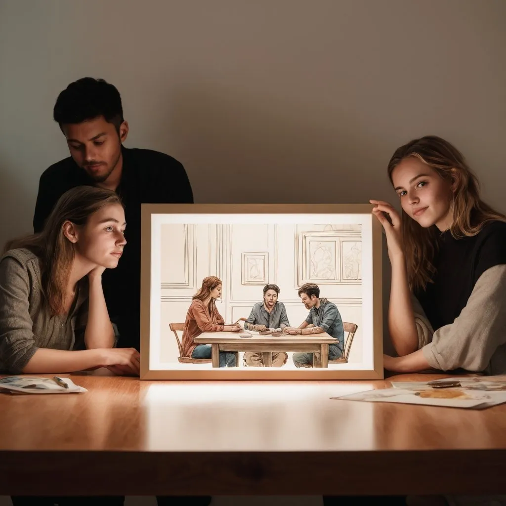 Prompt: Framed photograph of people on a table, digital art, concept art, lineart, cinematic lighting, watercolor