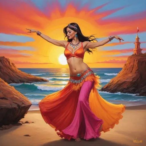 Prompt: paint a dr seuss like sunset with a belly dancer